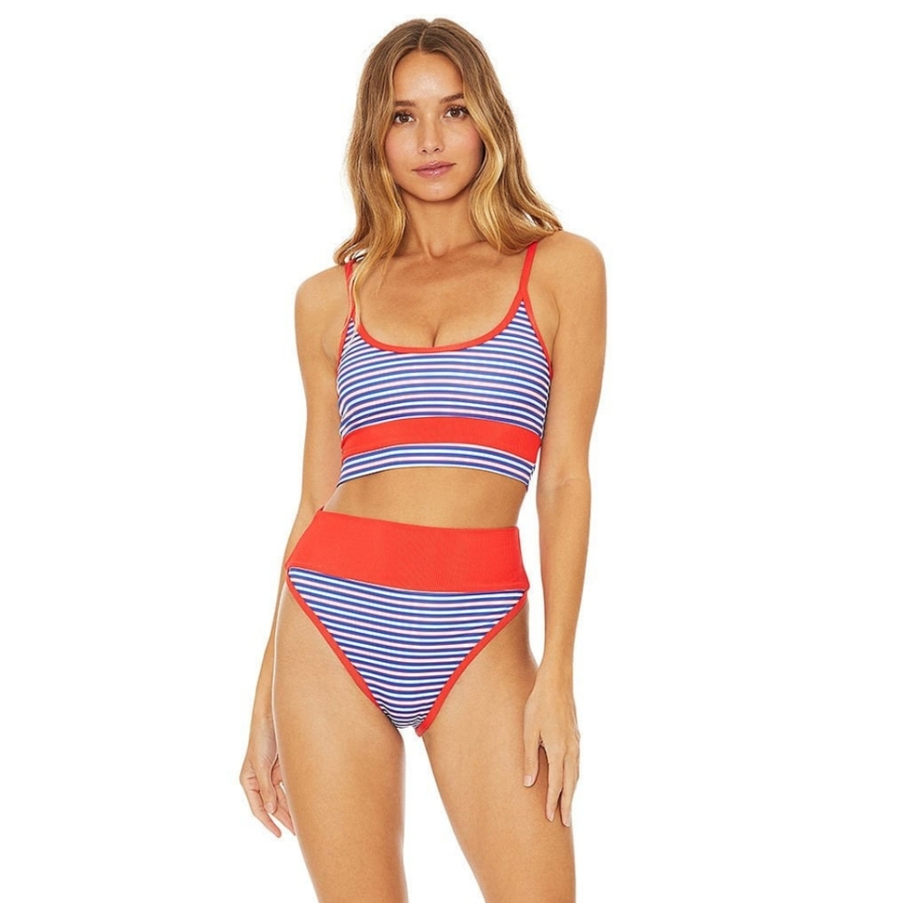 Beach Riot Navy, White & Red Striped High-Waist Bikini